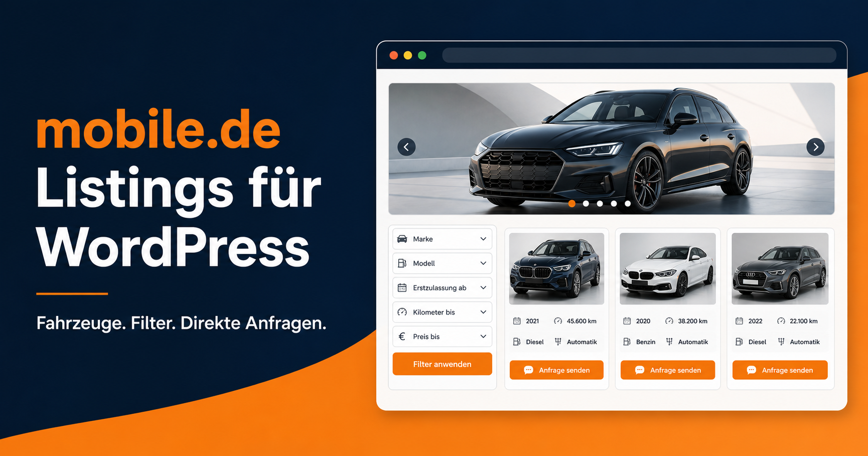 Übersicht der Fahrzeugdarstellung mit Bildergalerie, Filtern und direkten Anfragen